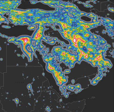 Blue is the point from which the sky is considered polluted. People living in the red zone and beyond never experience true night, only light levels equivalent to pristine twilight.